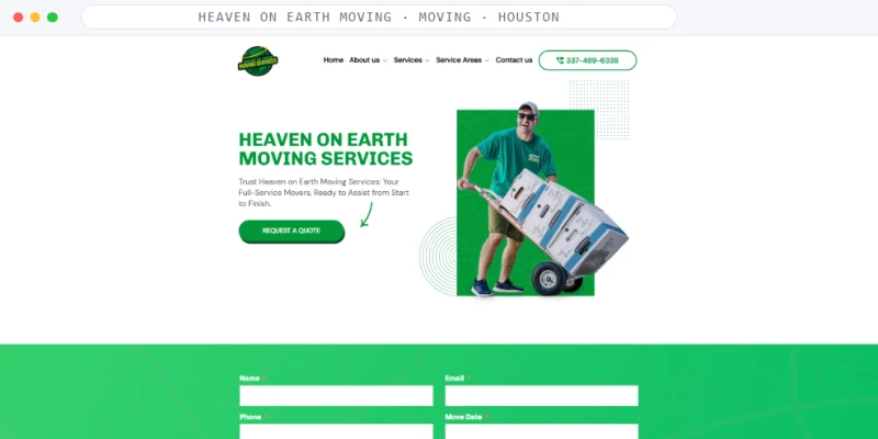 Homepage of Heaven on Earth Moving, a Moving · Houston business, shown in a browser window