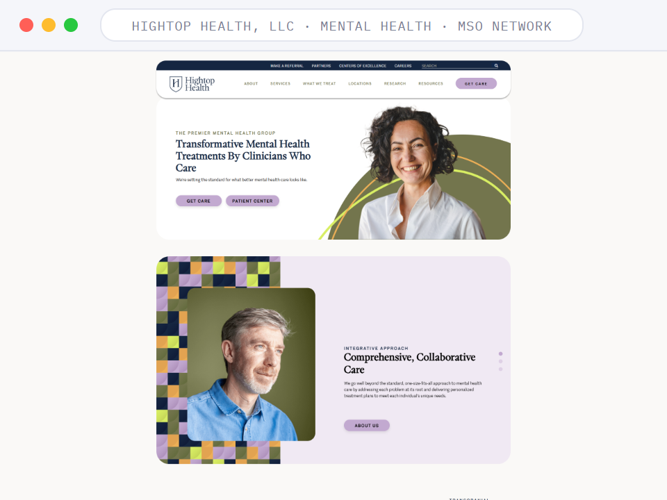 Homepage of Hightop Health, LLC, a Mental Health · MSO Network business, shown in a browser window
