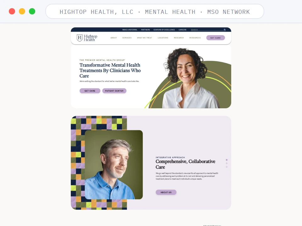 Homepage of Hightop Health, LLC, a Mental Health · MSO Network business, shown in a browser window