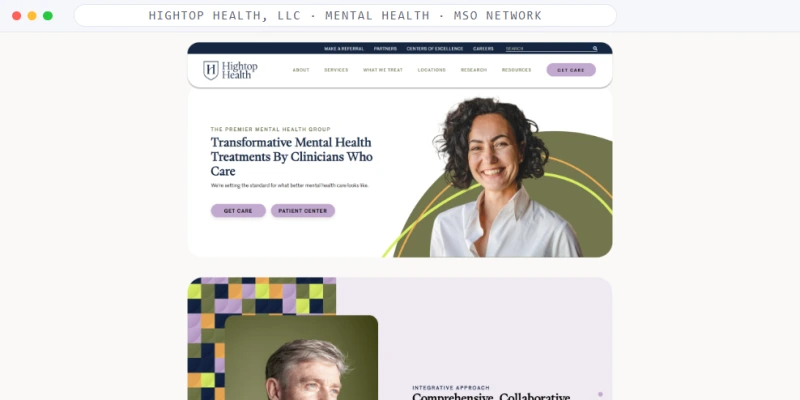 Homepage of Hightop Health, LLC, a Mental Health · MSO Network business, shown in a browser window