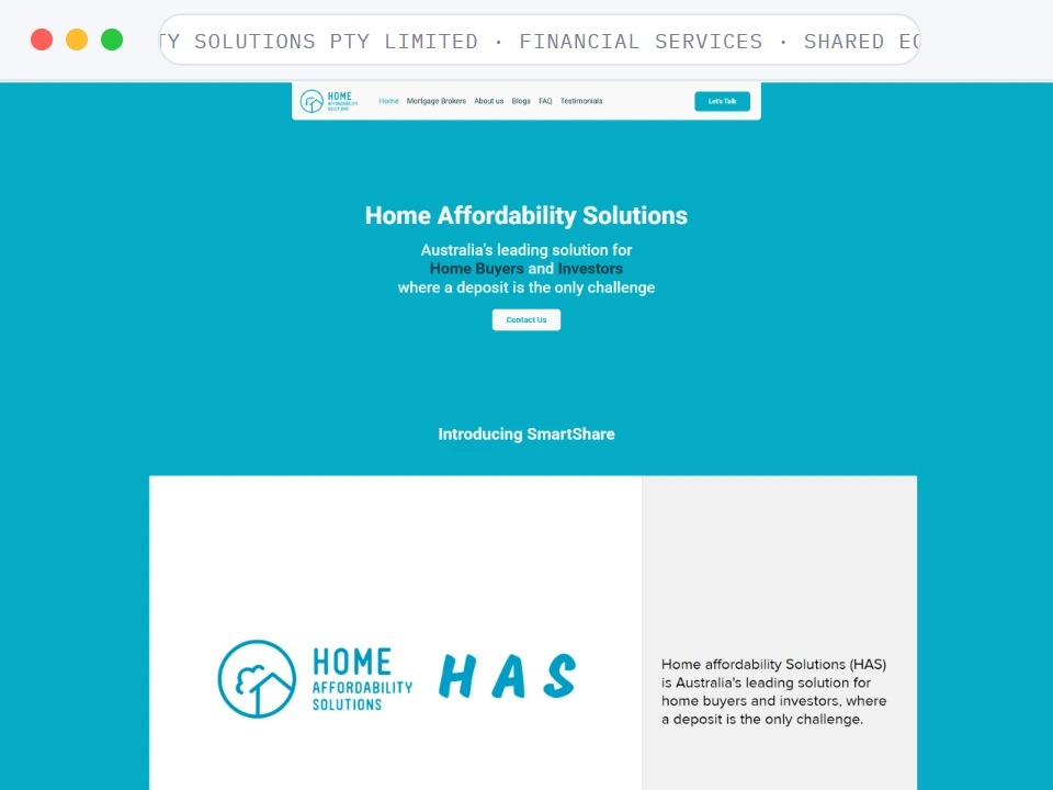 Homepage of Home Affordability Solutions Pty Limited, a Financial Services · Shared Equity · Australia business, shown in a browser window