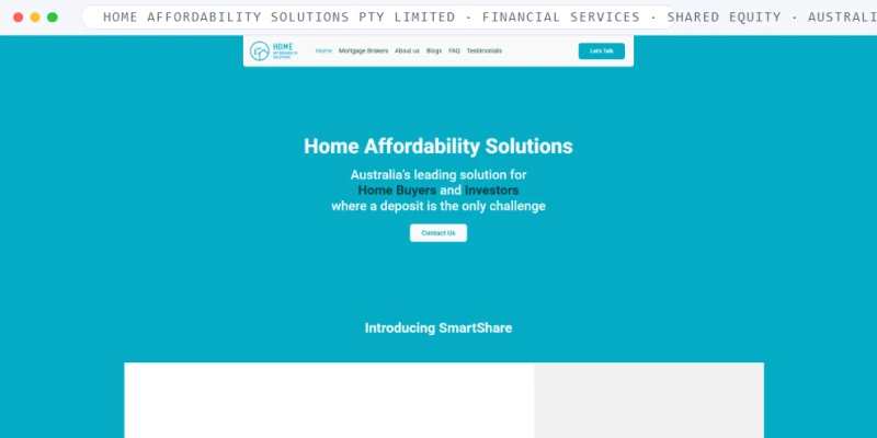 Homepage of Home Affordability Solutions Pty Limited, a Financial Services · Shared Equity · Australia business, shown in a browser window