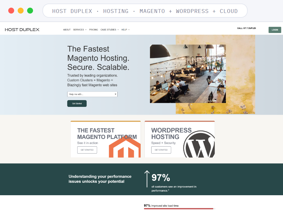 Homepage of Host Duplex, a Hosting · Magento + WordPress + Cloud business, shown in a browser window
