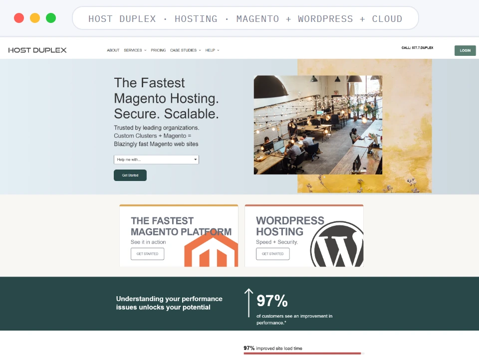 Homepage of Host Duplex, a Hosting · Magento + WordPress + Cloud business, shown in a browser window