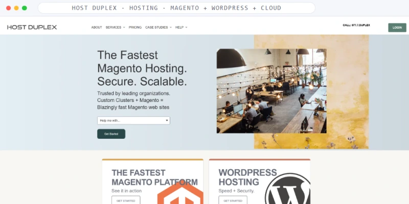 Homepage of Host Duplex, a Hosting · Magento + WordPress + Cloud business, shown in a browser window