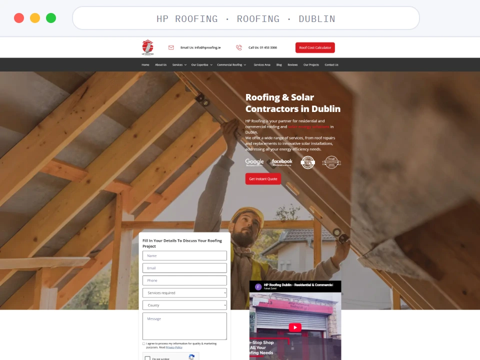 Homepage of HP Roofing, a Roofing · Dublin business, shown in a browser window