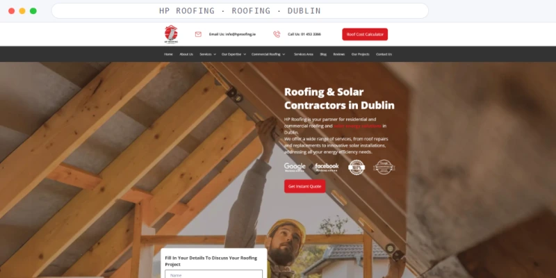 Homepage of HP Roofing, a Roofing · Dublin business, shown in a browser window