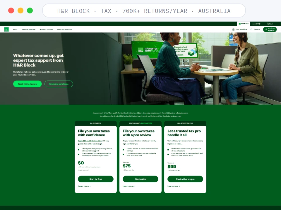 Homepage of H&R Block, a Tax · 700K+ Returns/Year · Australia business, shown in a browser window