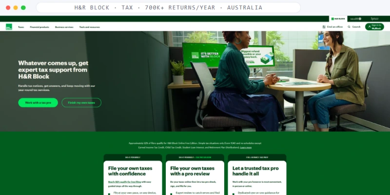 Homepage of H&R Block, a Tax · 700K+ Returns/Year · Australia business, shown in a browser window