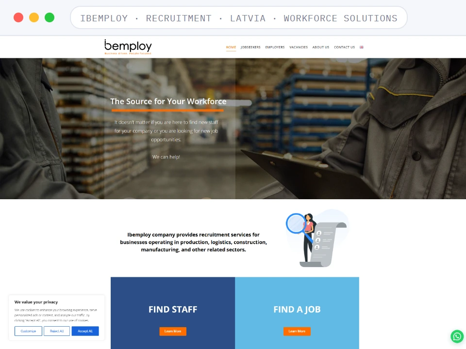 Homepage of Ibemploy, a Recruitment · Latvia · Workforce Solutions business, shown in a browser window