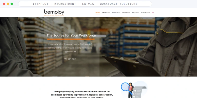Homepage of Ibemploy, a Recruitment · Latvia · Workforce Solutions business, shown in a browser window