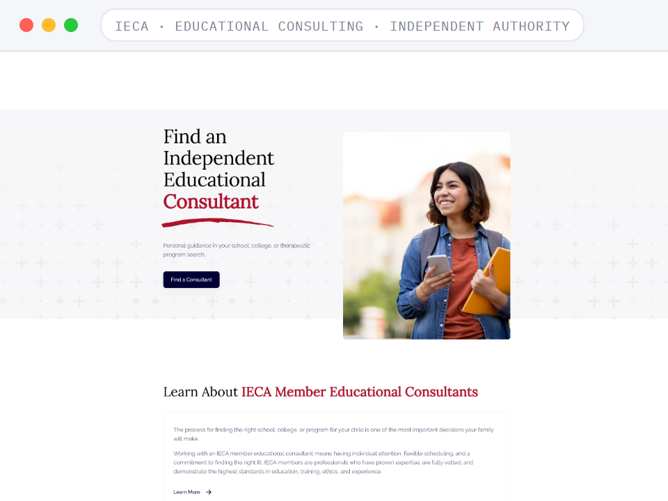 Homepage of IECA, a Educational Consulting · Independent Authority business, shown in a browser window