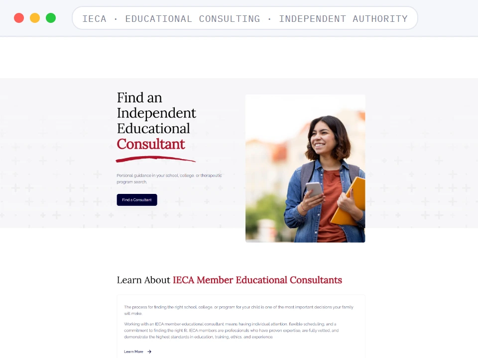 Homepage of IECA, a Educational Consulting · Independent Authority business, shown in a browser window