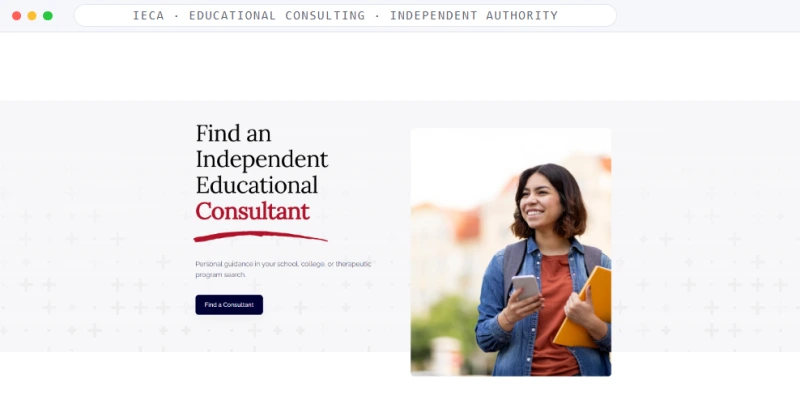 Homepage of IECA, a Educational Consulting · Independent Authority business, shown in a browser window