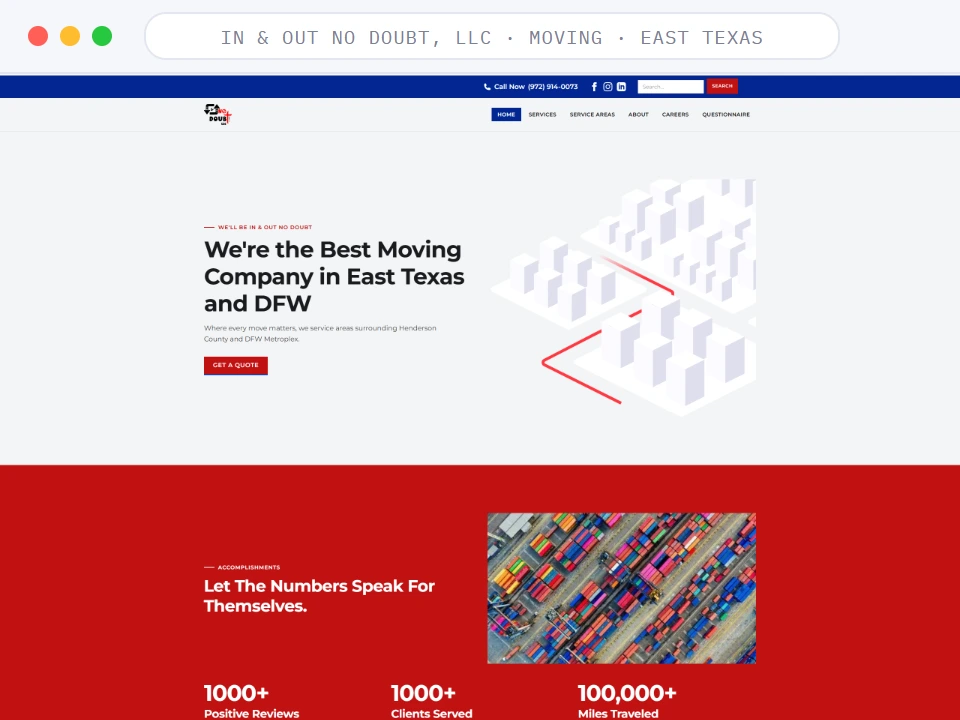 Homepage of In & Out No Doubt, LLC, a Moving · East Texas business, shown in a browser window