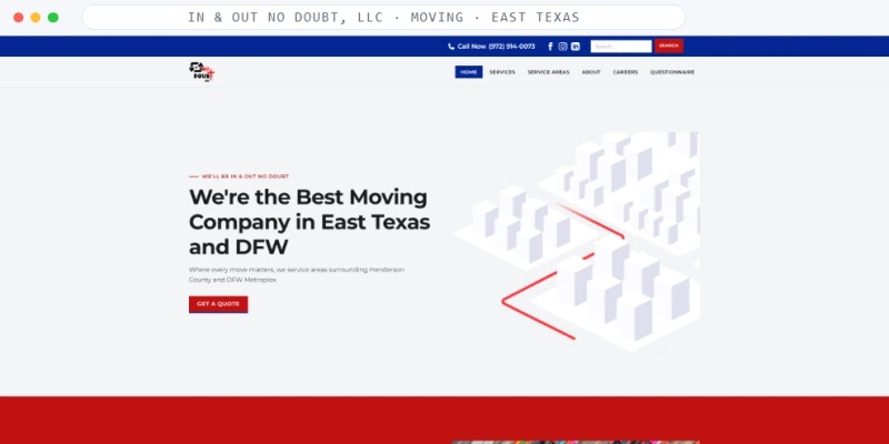 Homepage of In & Out No Doubt, LLC, a Moving · East Texas business, shown in a browser window