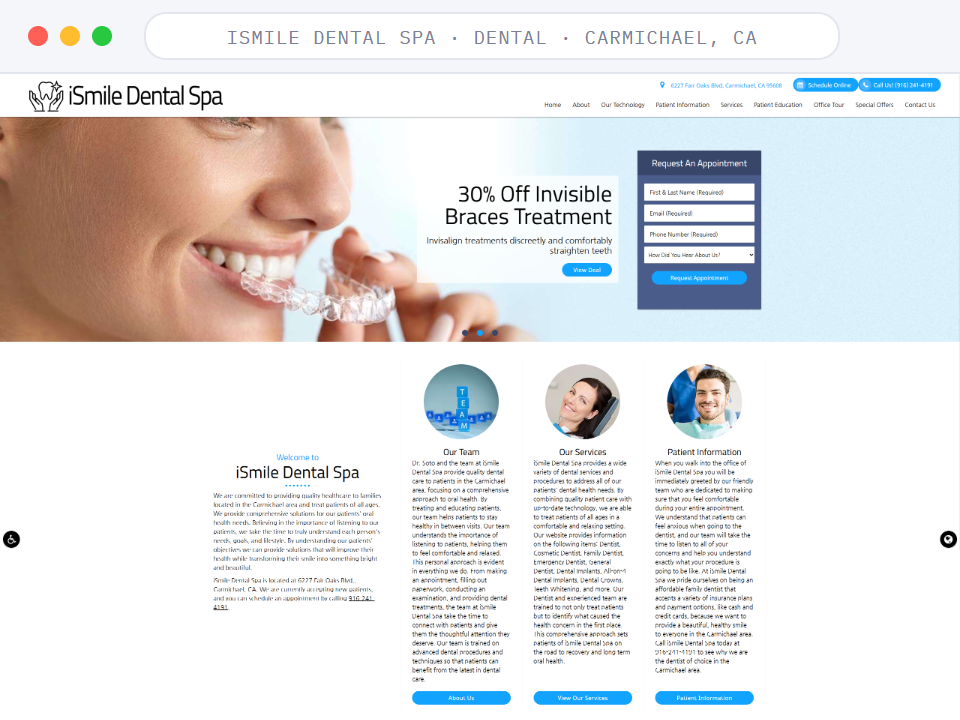 Homepage of iSmile Dental Spa, a Dental · Carmichael, CA business, shown in a browser window