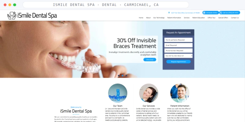 Homepage of iSmile Dental Spa, a Dental · Carmichael, CA business, shown in a browser window