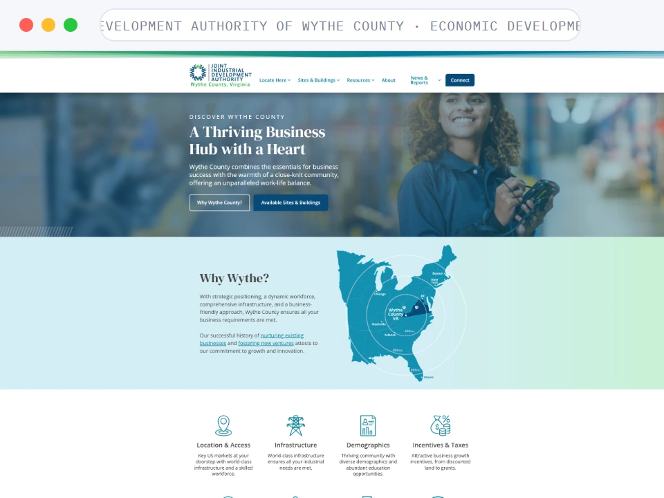 Homepage of Joint Industrial Development Authority of Wythe County, a Economic Development · Public Sector business, shown in a browser window