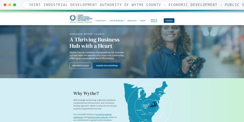 Homepage of Joint Industrial Development Authority of Wythe County, a Economic Development · Public Sector business, shown in a browser window
