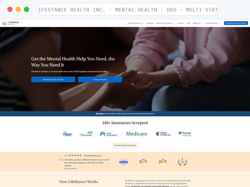 Homepage of LifeStance Health Inc., a Mental Health · Provider Network · Multi-State business, shown in a browser window