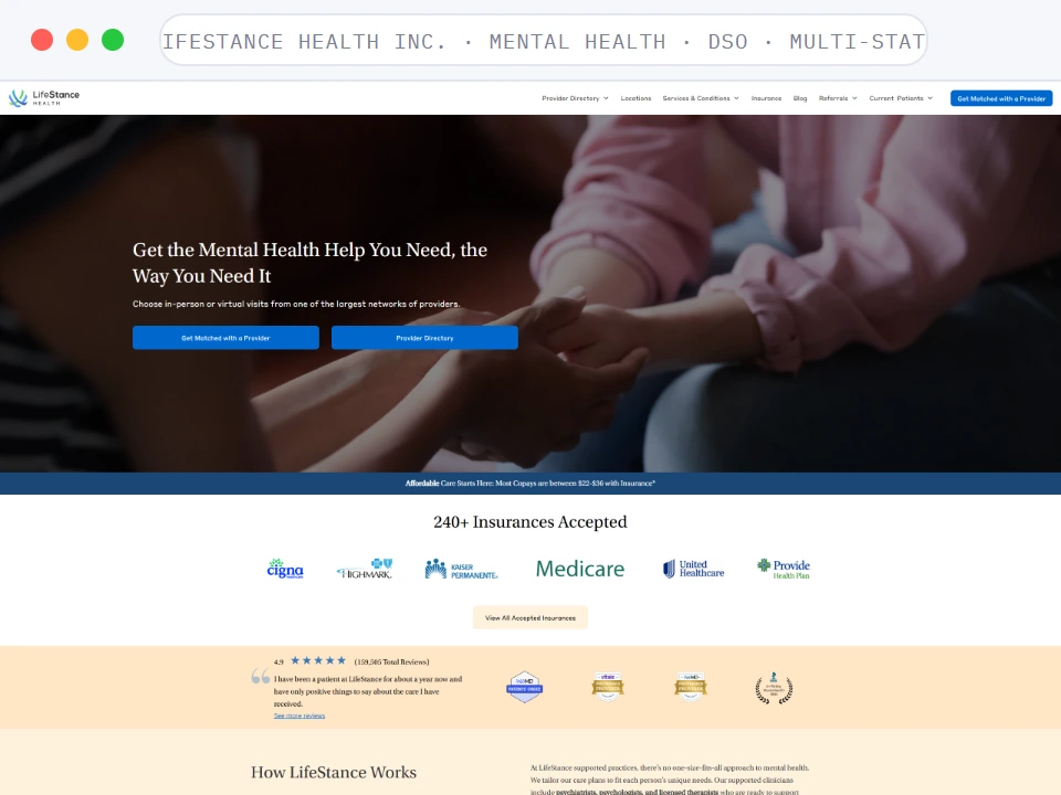 Homepage of LifeStance Health Inc., a Mental Health · Provider Network · Multi-State business, shown in a browser window