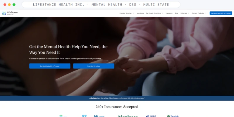 Homepage of LifeStance Health Inc., a Mental Health · Provider Network · Multi-State business, shown in a browser window