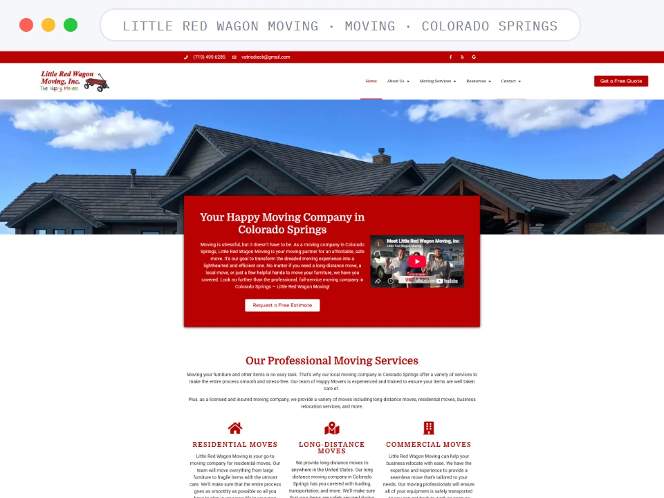 Homepage of Little Red Wagon Moving, a Moving · Colorado Springs business, shown in a browser window