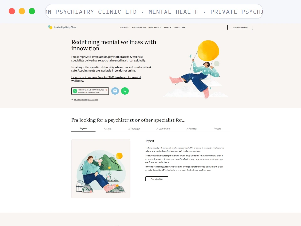 Homepage of London Psychiatry Clinic Ltd, a Mental Health · Private Psychiatry business, shown in a browser window