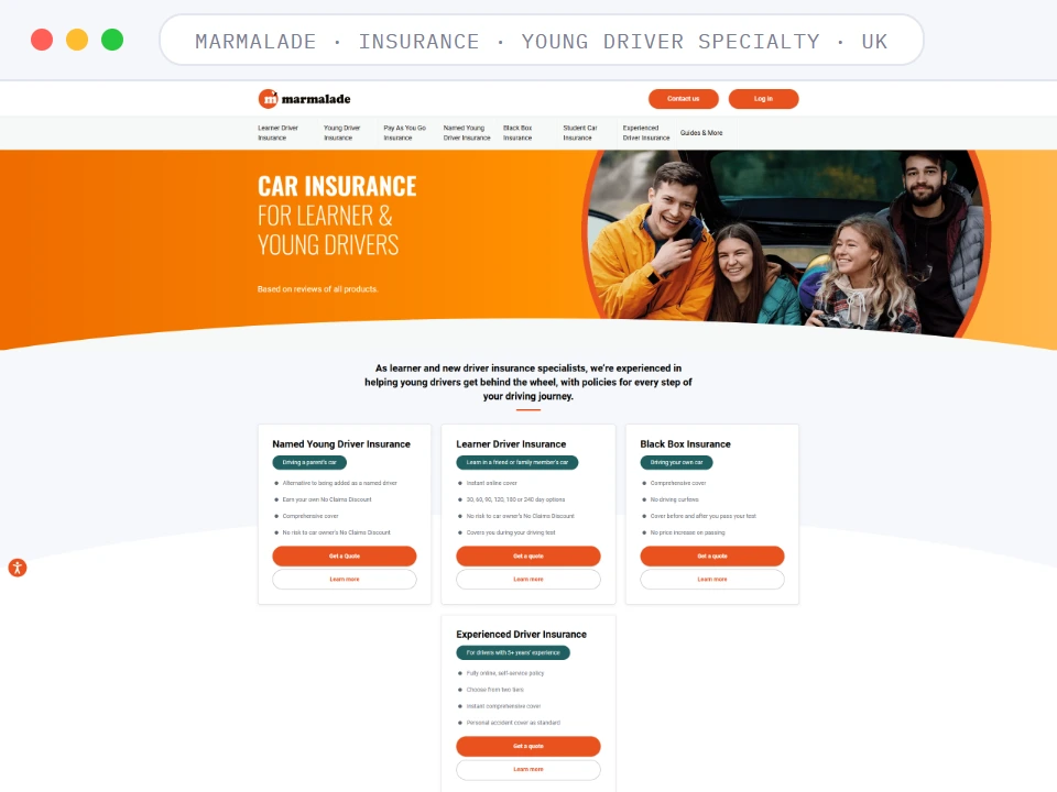 Homepage of Marmalade, a Insurance · Young Driver Specialty · UK business, shown in a browser window