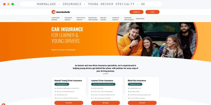 Homepage of Marmalade, a Insurance · Young Driver Specialty · UK business, shown in a browser window