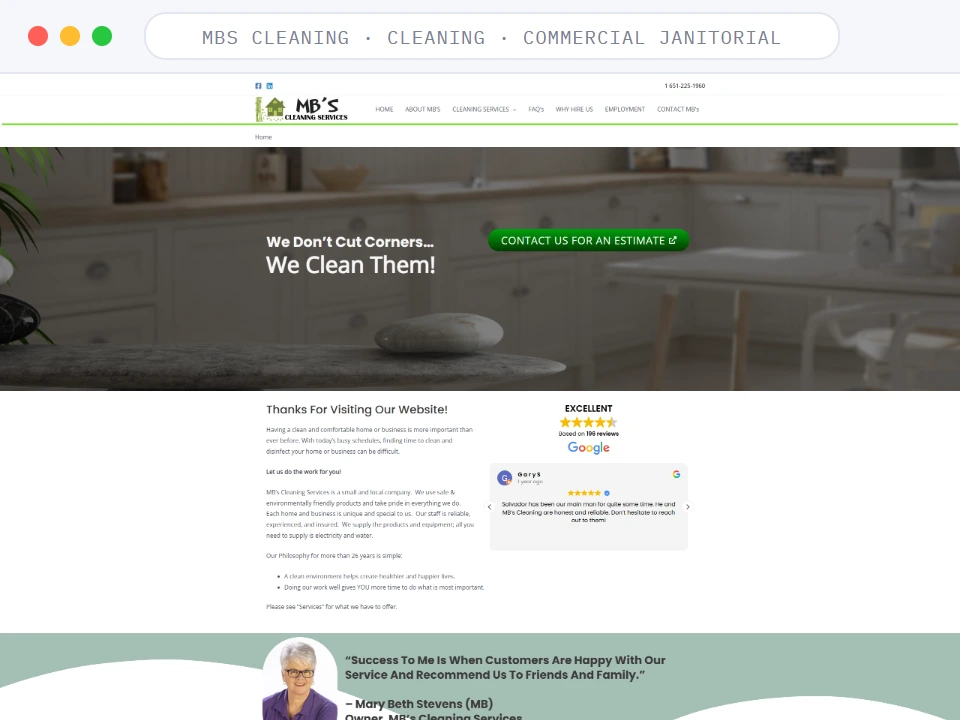 Homepage of MBS Cleaning, a Cleaning · Homes and Businesses business, shown in a browser window