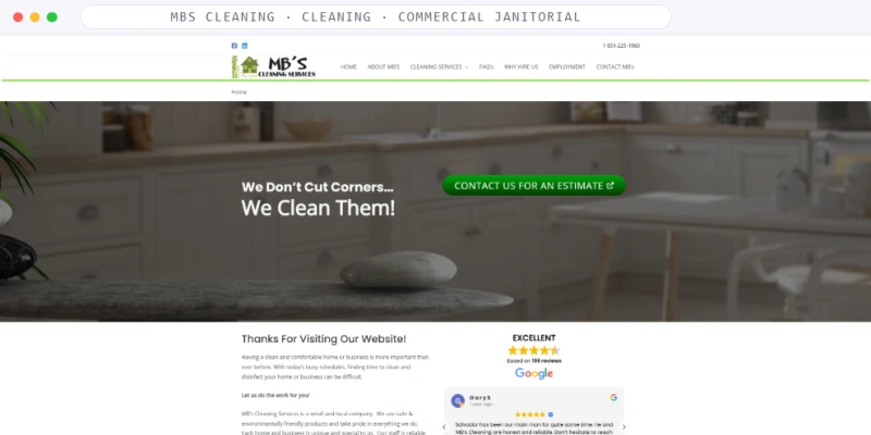 Homepage of MBS Cleaning, a Cleaning · Homes and Businesses business, shown in a browser window