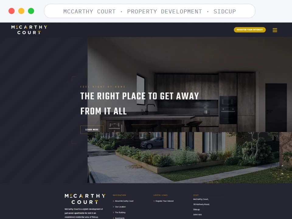 Homepage of McCarthy Court, a Property Development · Sidcup business, shown in a browser window