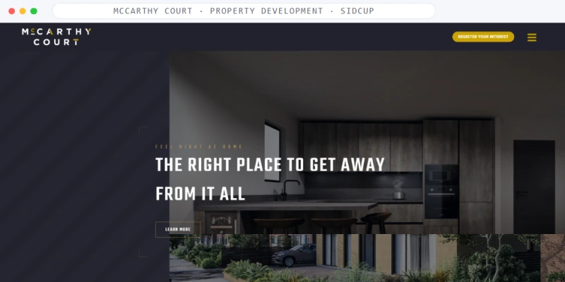 Homepage of McCarthy Court, a Property Development · Sidcup business, shown in a browser window