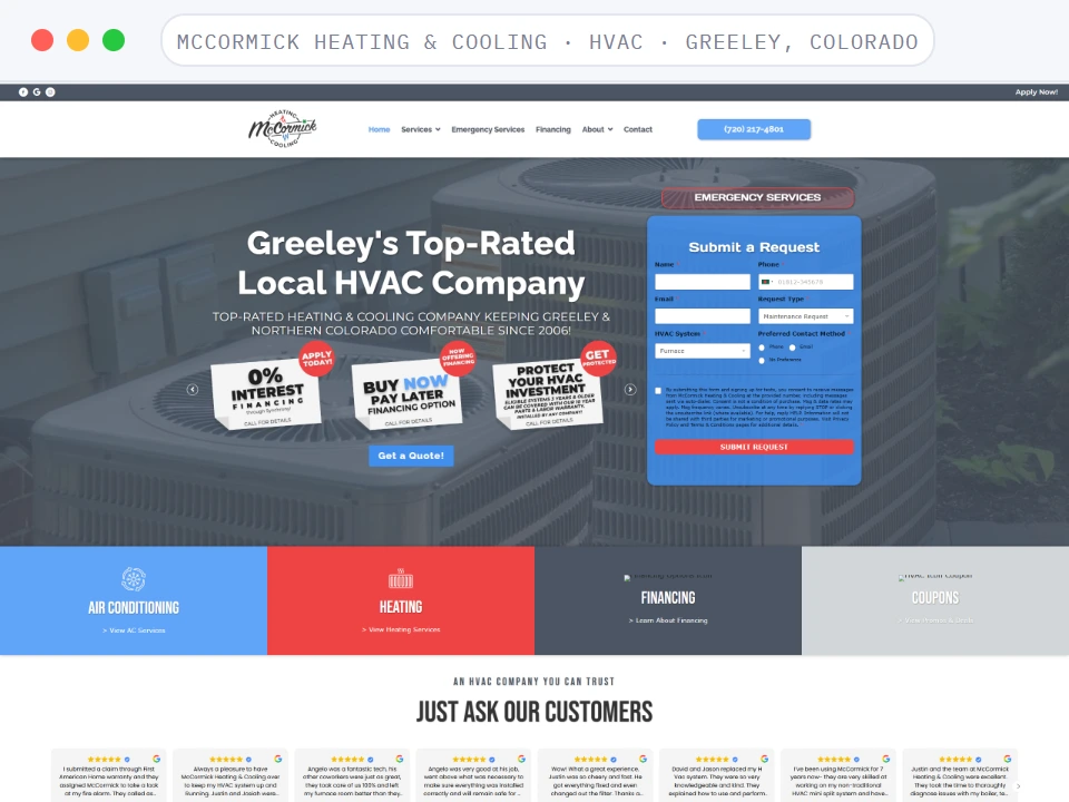 Homepage of McCormick Heating & Cooling, a HVAC · Greeley, Colorado business, shown in a browser window