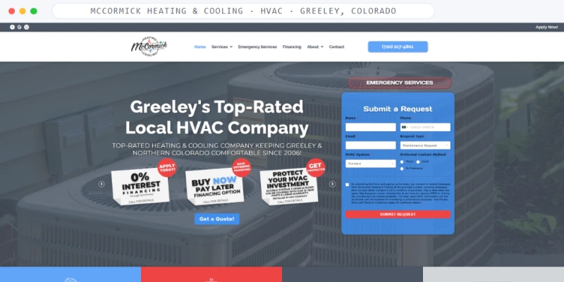 Homepage of McCormick Heating & Cooling, a HVAC · Greeley, Colorado business, shown in a browser window