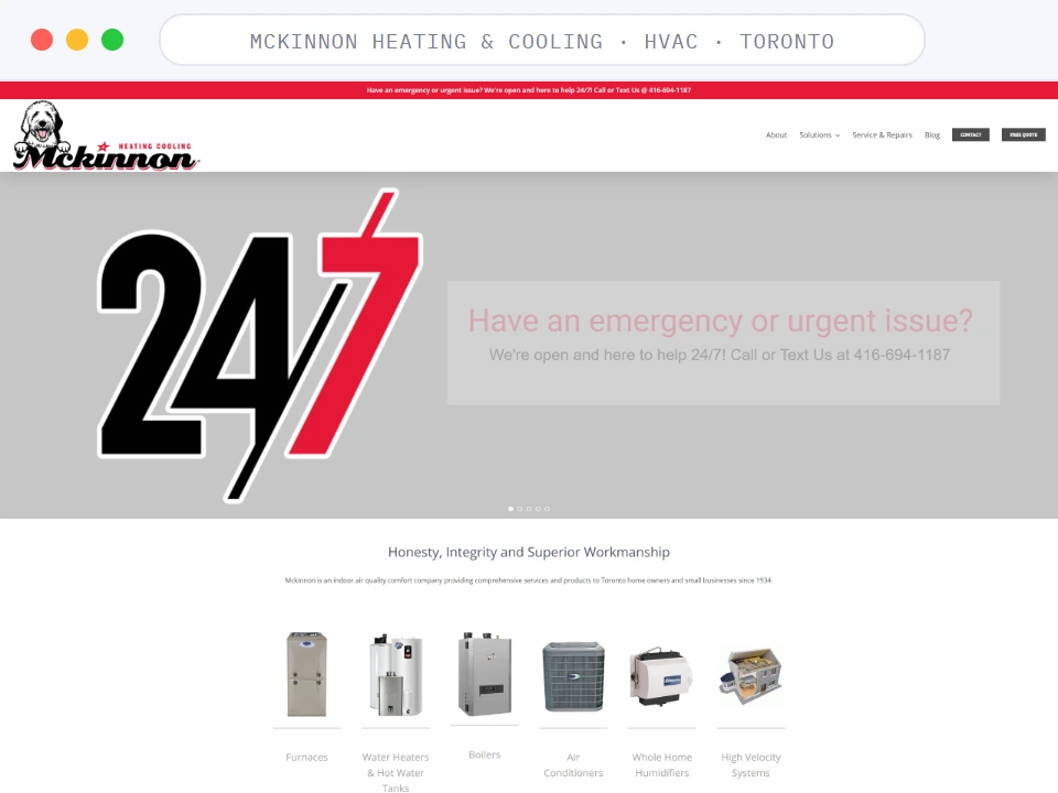 Homepage of McKinnon Heating & Cooling, a HVAC · Toronto business, shown in a browser window
