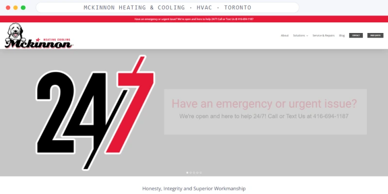 Homepage of McKinnon Heating & Cooling, a HVAC · Toronto business, shown in a browser window