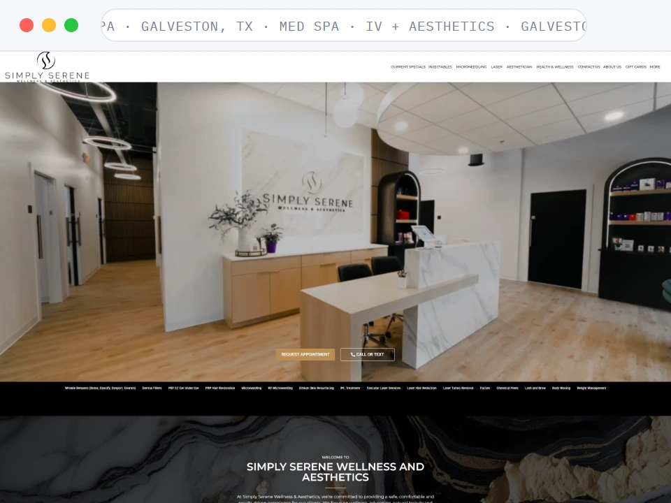Homepage of Med Spa · Galveston, TX, a Med Spa · IV + aesthetics · Galveston, TX business, shown in a browser window