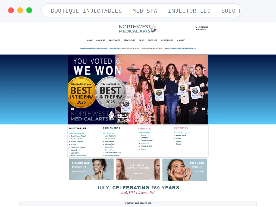 Homepage of Med Spa · University Place, WA, a Med Spa · Injectables + Laser · University Place, WA business, shown in a browser window