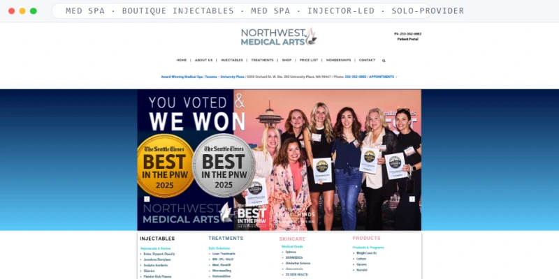 Homepage of Med Spa · University Place, WA, a Med Spa · Injectables + Laser · University Place, WA business, shown in a browser window
