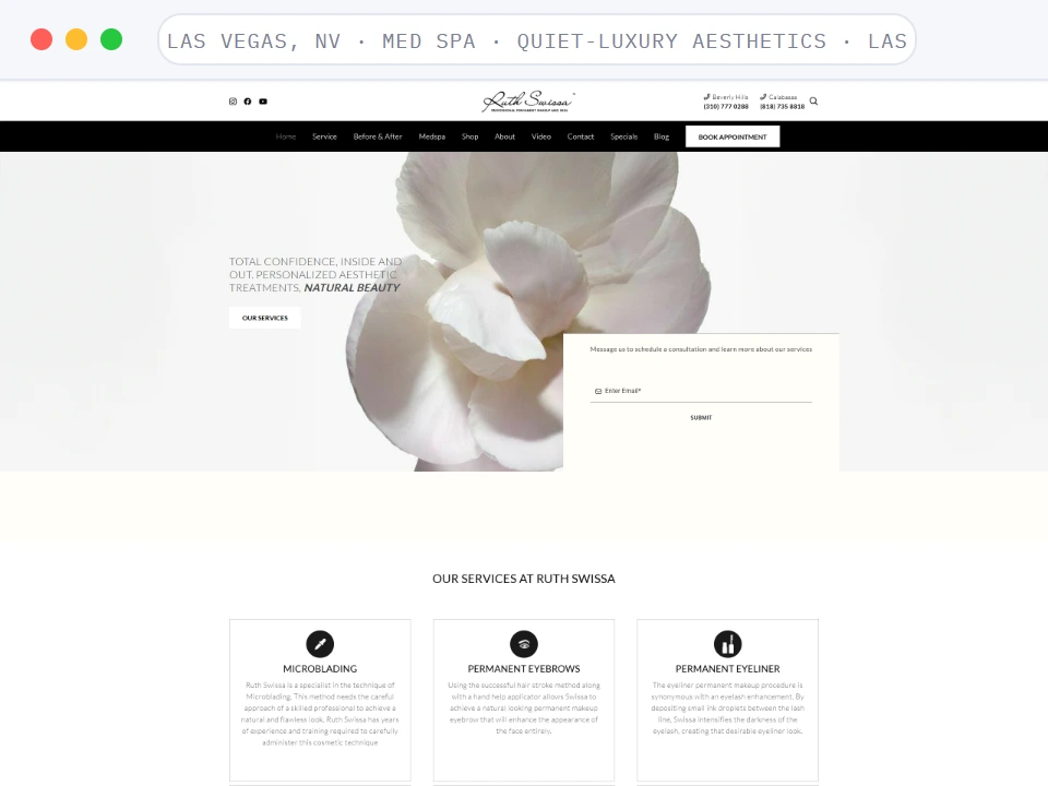 Homepage of Med Spa · Beverly Hills, CA, a Med Spa · Quiet-luxury aesthetics · Beverly Hills, CA business, shown in a browser window