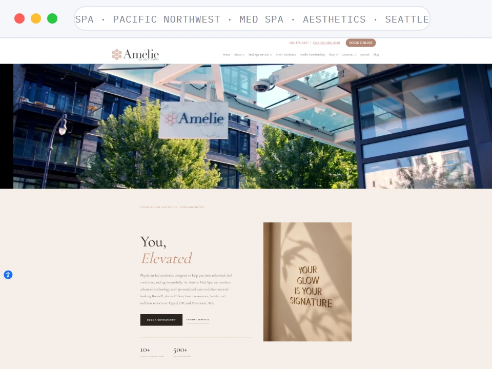 Homepage of Med Spa · Pacific Northwest, a Med Spa · Aesthetics · Portland Metro business, shown in a browser window