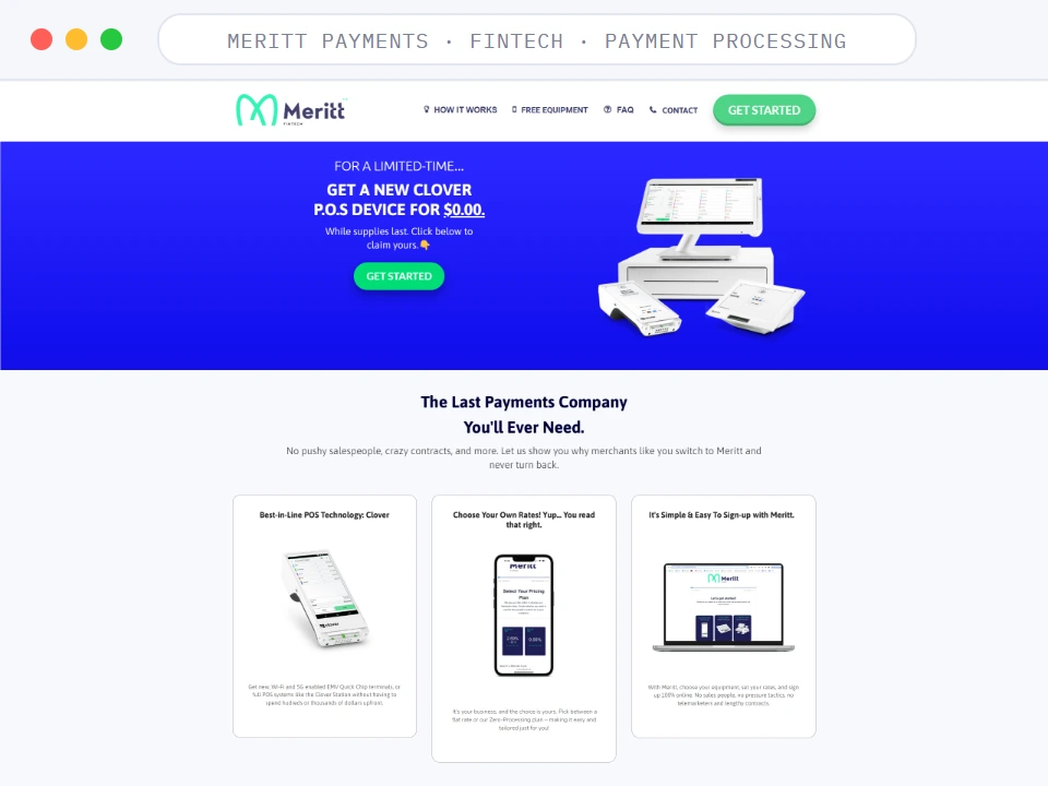 Homepage of Meritt Payments, a Fintech · Payment Processing business, shown in a browser window