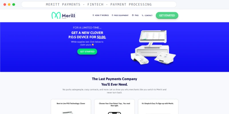 Homepage of Meritt Payments, a Fintech · Payment Processing business, shown in a browser window