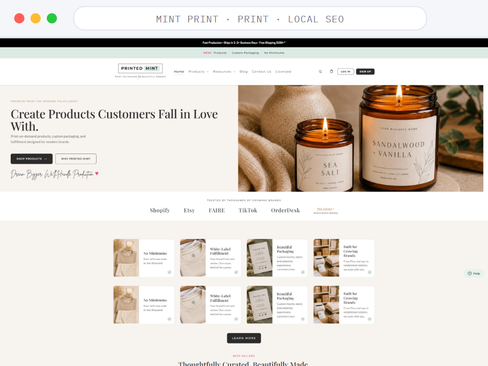 Homepage of Printed Mint, a Print on Demand · Ecommerce Fulfillment business, shown in a browser window