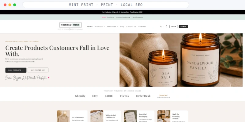Homepage of Printed Mint, a Print on Demand · Ecommerce Fulfillment business, shown in a browser window