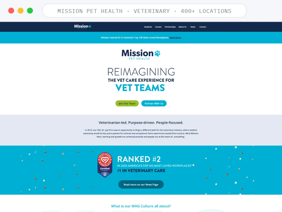 Homepage of Mission Pet Health, a Veterinary · 400+ Locations business, shown in a browser window