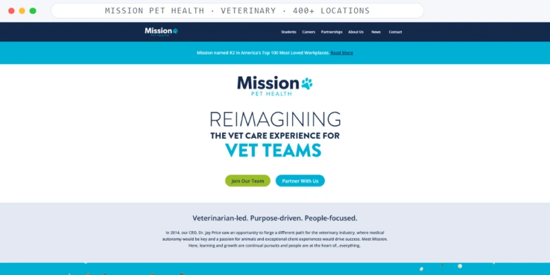 Homepage of Mission Pet Health, a Veterinary · 400+ Locations business, shown in a browser window
